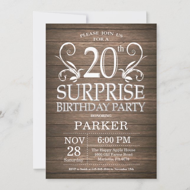 Sorpresa 20.ª Invitación de cumpleaños Madera Rúst (Anverso)