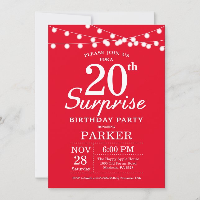 Sorpresa 20.ª Invitación de cumpleaños rojo (Anverso)