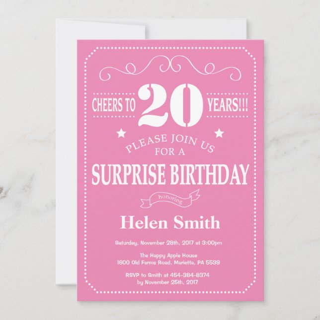 Sorpresa 20.ª invitación de cumpleaños rosa y blan (Anverso)