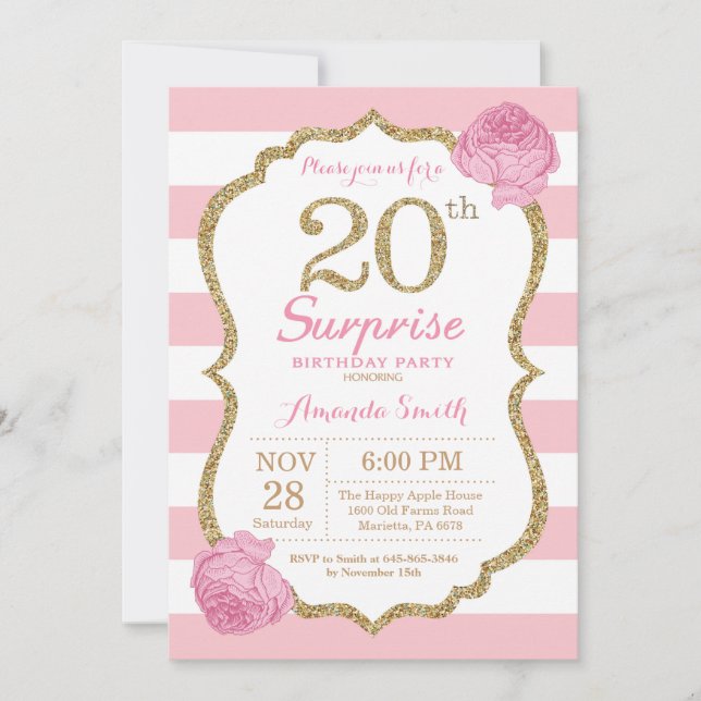 Sorpresa 20.ª invitación de cumpleaños rosado y or (Anverso)