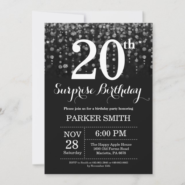 Sorpresa 20.º Purpurina plateado de la invitación  (Anverso)