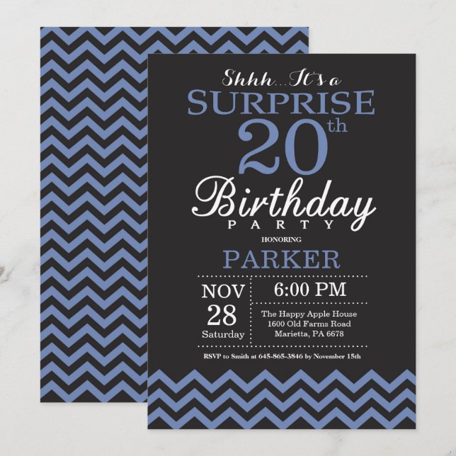 Sorpresa 20 cumpleaños invitación negro y azul (Anverso / Reverso)