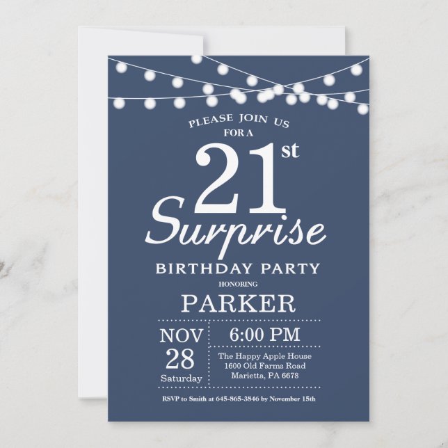 Sorpresa 21ª invitación de cumpleaños Azul (Anverso)