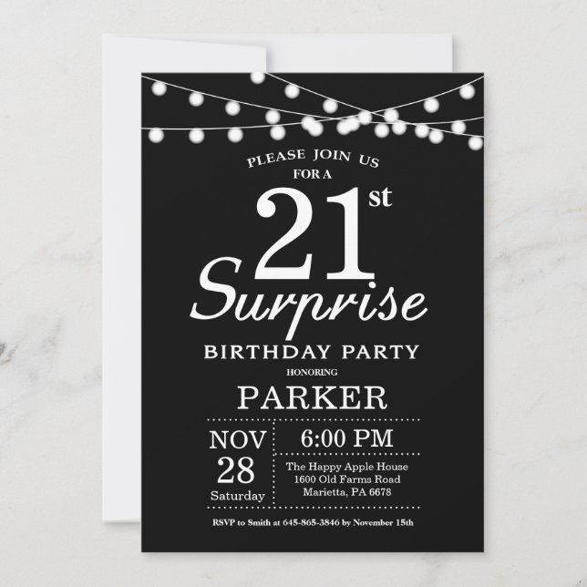 Sorpresa 21ª invitación de cumpleaños blanco y neg (Anverso)