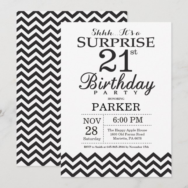 Sorpresa 21ª invitación de cumpleaños Chevron negr (Anverso / Reverso)