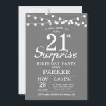 Sorpresa 21ª invitación de cumpleaños gris y blanc<br><div class="desc">Sorpresa 21ª Invitación de cumpleaños con String Lights. Fondo gris. Cumpleaños de niño o Chica. 13.º 15.º 16.º 18.º 20.21.30.40.50.60.70.80.90.100,  cualquier edad. Para una mayor personalización,  haga clic en el botón "Personalizar" y utilice nuestra herramienta de diseño para modificar esta plantilla.</div>