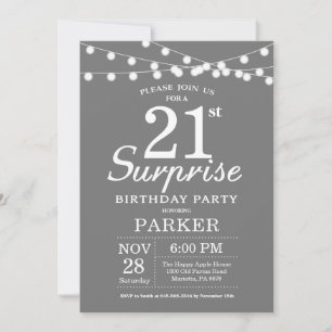 Sorpresa 21ª invitación de cumpleaños gris y blanc