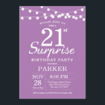 Sorpresa 21ª invitación de cumpleaños Lavanda púrp<br><div class="desc">Sorpresa 21ª Invitación de cumpleaños con String Lights. Fondo Lilac De Lavanda Púrpura. Mujeres Dama Elegante Día Moderno. 13.º 15.º 16.º 18.º 20.21.30.40.50.60.70.80.90.100,  cualquier edad. Para una mayor personalización,  haga clic en el botón "Personalizar" y utilice nuestra herramienta de diseño para modificar esta plantilla.</div>