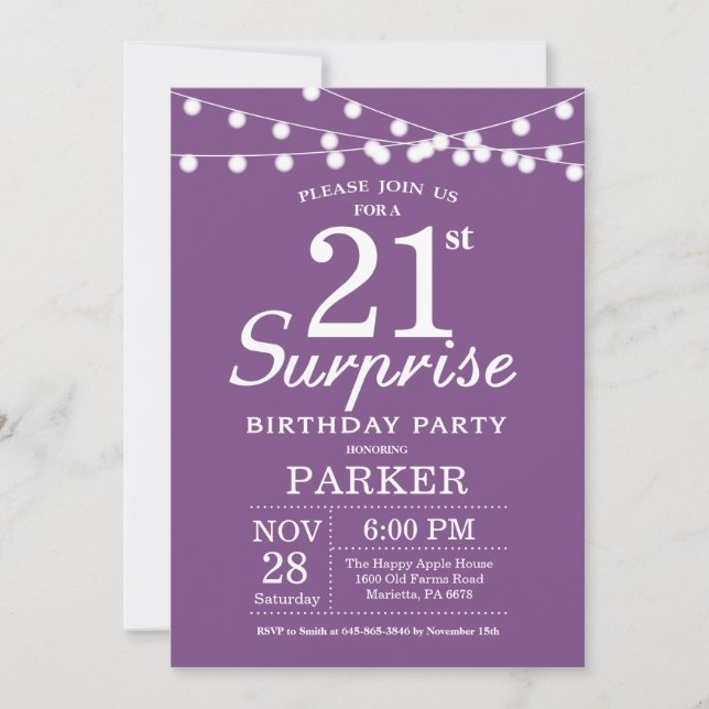 Sorpresa 21ª invitación de cumpleaños Lavanda púrp (Anverso)