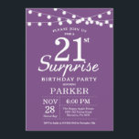 Sorpresa 21ª invitación de cumpleaños Lavanda púrp<br><div class="desc">Sorpresa 21ª Invitación de cumpleaños con String Lights. Fondo Lilac De Lavanda Púrpura. Mujeres Dama Elegante Día Moderno. 13.º 15.º 16.º 18.º 20.21.30.40.50.60.70.80.90.100,  cualquier edad. Para una mayor personalización,  haga clic en el botón "Personalizar" y utilice nuestra herramienta de diseño para modificar esta plantilla.</div>