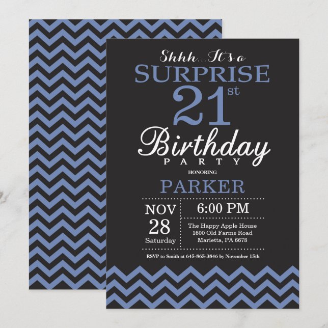 Sorpresa 21ª invitación de cumpleaños negro y azul (Anverso / Reverso)