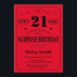 Sorpresa 21ª invitación de cumpleaños negro y rojo<br><div class="desc">Sorpresa 21ª Invitación de cumpleaños Tipografía Negra y Roja. Fondo negro y rojo. Cumpleaños de adultos. Cumpleaños de hombres o mujeres. Invite a un niño o a una Chica. 13.º 15.º 16.º 18.º 20.21.30.40.50.60.70.80.90.100. Cualquier edad. Para una mayor personalización, haga clic en el botón "Personalizar" y utilice nuestra herramienta de...</div>