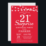 Sorpresa 21ª Invitación de cumpleaños Rojo<br><div class="desc">Sorpresa 21ª Invitación de cumpleaños con String Lights. Fondo Rojo. 13.º 15.º 16.º 18.º 20.21.30.40.50.60.70.80.90.100,  cualquier edad. Para una mayor personalización,  haga clic en el botón "Personalizar" y utilice nuestra herramienta de diseño para modificar esta plantilla.</div>