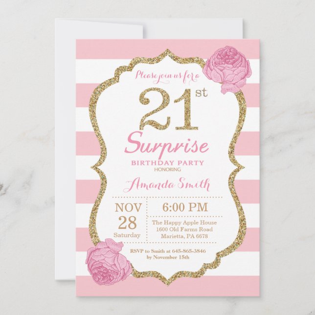 Sorpresa 21ª invitación de cumpleaños rosado y oro (Anverso)