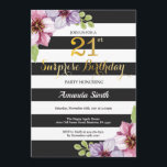Sorpresa 21° cumpleaños Invitación a mujeres flora<br><div class="desc">Sorpresa 21° cumpleaños - Invitación para mujeres. Invitación a la fiesta de cumpleaños negro y oro.Brillantina dorada. Flor floral color morado. Bandas blancas y negras. Digital Imprimible.
Para más personalización,  haga clic en el botón "Personalizar" y utilice nuestra herramienta de diseño para modificar esta plantilla.</div>