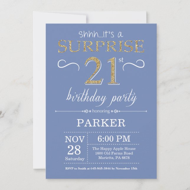 Sorpresa 21 cumpleaños invitación azul y oro (Anverso)