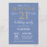 Sorpresa 21 cumpleaños invitación azul y oro<br><div class="desc">Sorpresa 21 cumpleaños con antecedentes de Purpurina Azul y Oro. Cumpleaños de adultos. Invitar el cumpleaños de hombres o mujeres. Cualquier edad.
Para más personalización,  haga clic en el botón "Personalizar" y utilice nuestra herramienta de diseño para modificar esta plantilla.</div>