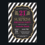 Sorpresa 21 cumpleaños invitación color negro rosa<br><div class="desc">Sorpresa 21° cumpleaños - Invitación para mujeres. Invitación a la fiesta de cumpleaños rosado negro y oro.Brillantina dorada. Flor floral rosa. Bandas blancas y negras. Digital Imprimible.
Para más personalización,  haga clic en el botón "Personalizar" y utilice nuestra herramienta de diseño para modificar esta plantilla.</div>