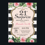 Sorpresa 21 cumpleaños invitación floral<br><div class="desc">Sorpresa 21° cumpleaños,  invitación para mujeres. Invitación a la fiesta de cumpleaños negro y oro.Brillantina dorada. Flor floral color agua rosa. Bandas blancas y negras. Digital Imprimible.
Para más personalización,  haga clic en el botón "Personalizar" y utilice nuestra herramienta de diseño para modificar esta plantilla.</div>