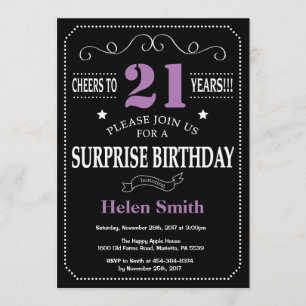 Sorpresa 21 cumpleaños invitación morado y negro