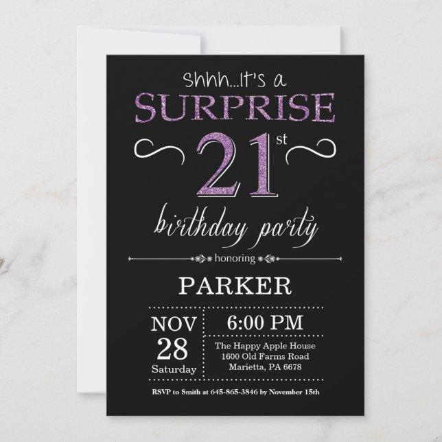 Sorpresa 21 cumpleaños invitación negro y púrpura (Anverso)