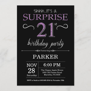 Sorpresa 21 cumpleaños invitación negro y púrpura