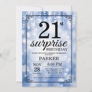 Sorpresa 21 cumpleaños invitación Purpurina azul
