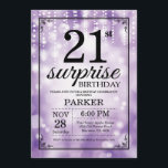 Sorpresa 21 cumpleaños invitación Purpurina morado<br><div class="desc">Sorpresa 21 cumpleaños con luz de cadena púrpura con fondo morado Purpurina. Cumpleaños Púrpura. Cumpleaños de adultos. Invitar el cumpleaños de hombres o mujeres. 13. 15. 16. 18. 20. 21. 30. 40. 50. 60. 70. 80. 90. 100. Cualquier edad. Para más personalización, haga clic en el botón "Personalizar" y utilice...</div>