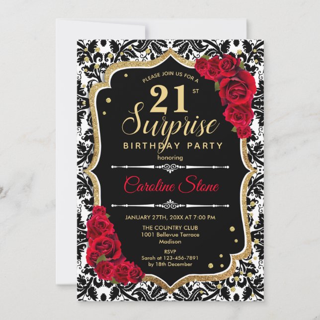 Sorpresa 21 cumpleaños - Invitación roja de oro ne (Anverso)