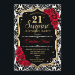 Sorpresa 21 cumpleaños - Invitación roja de oro ne<br><div class="desc">Sorpresa Invitación a cumpleaños número 21. Diseño rojo y negro femenino con oro falso purpurina. Presenta un patrón de damasco,  rosas rojas,  fuente de guión y confeti. Perfecto para una elegante fiesta de cumpleaños. Se puede personalizar para mostrar cualquier edad. Mándame un mensaje si necesitas más personalización.</div>