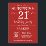 Sorpresa 21° cumpleaños invitación rojo<br><div class="desc">Sorpresa 21 cumpleaños invitación con fondo rojo. Cumpleaños de adultos. Invitar el cumpleaños de hombres o mujeres. 13. 15. 16. 18. 20. 21. 30. 40. 50. 60. 70. 80. 90. 100. Cualquier edad. Para más personalización, haga clic en el botón "Personalizar" y utilice nuestra herramienta de diseño para modificar esta...</div>