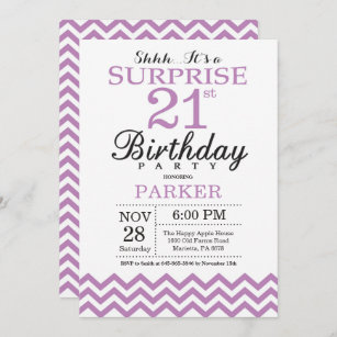 Sorpresa 21 cumpleaños invitación violeta Chevron 