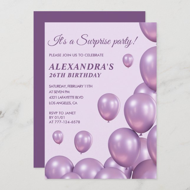 Sorpresa 26 invitaciones de cumpleaños Globos Púrp (Anverso / Reverso)