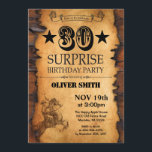 Sorpresa 30.ª invitación de cumpleaños occidental<br><div class="desc">Sorpresa 30 Invitación de cumpleaños occidental. Fiesta de cumpleaños del Cowboy Horse Wild West. Fondo Rústico De La Madera.
Para más personalización,  haga clic en el botón "Personalizar" y utilice nuestra herramienta de diseño para modificar esta plantilla.</div>