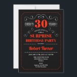 Sorpresa 30.ª invitación de cumpleaños - Rojo negr<br><div class="desc">30.ª invitación para cumpleaños sorpresa para hombres y mujeres. Elegante diseño retro negro,  blanco,  rojo con diseño de pizarra y tipo de letra de escritura tipográfica. ¡Salud a 30 años! Se puede personalizar a cualquier edad.</div>
