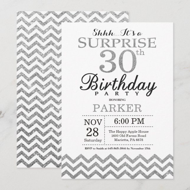 Sorpresa 30.º Purpurina plateado de la invitación  (Anverso / Reverso)