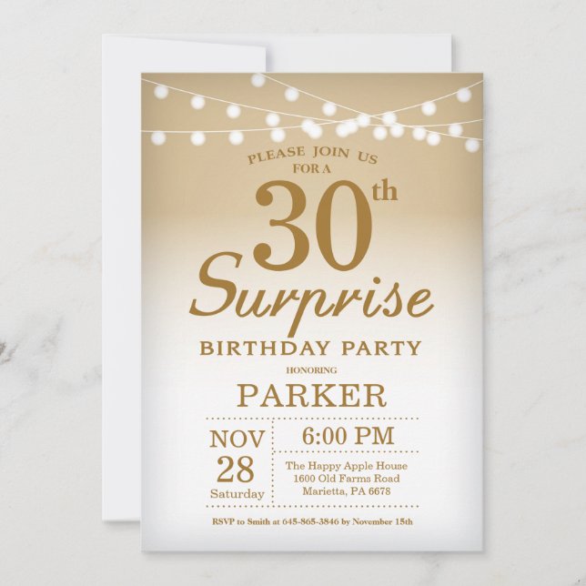 Sorpresa 30 cumpleaños Invitación al oro (Anverso)