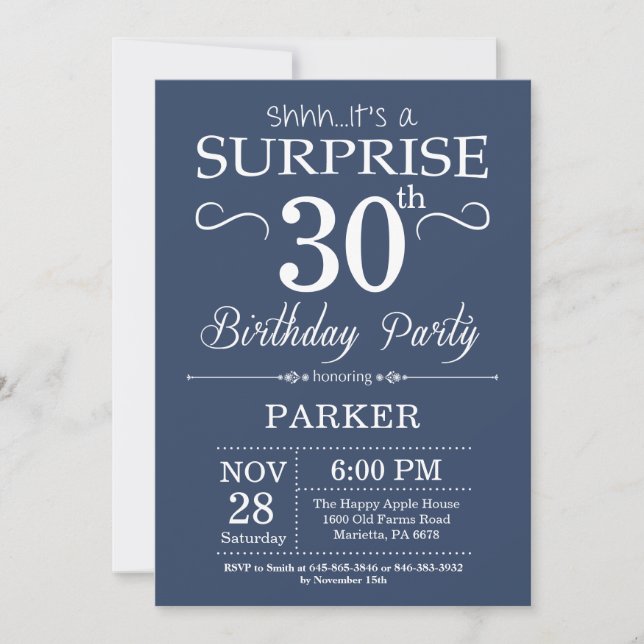 Sorpresa 30 cumpleaños invitación azul y blanco (Anverso)