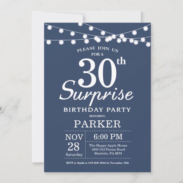 Sorpresa 30 cumpleaños invitación azul y blanco (Anverso)