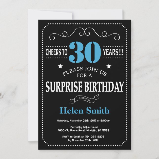 Sorpresa 30 cumpleaños invitación azul y negro (Anverso)