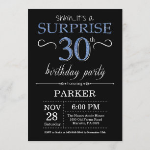 Sorpresa 30 cumpleaños invitación negro y azul