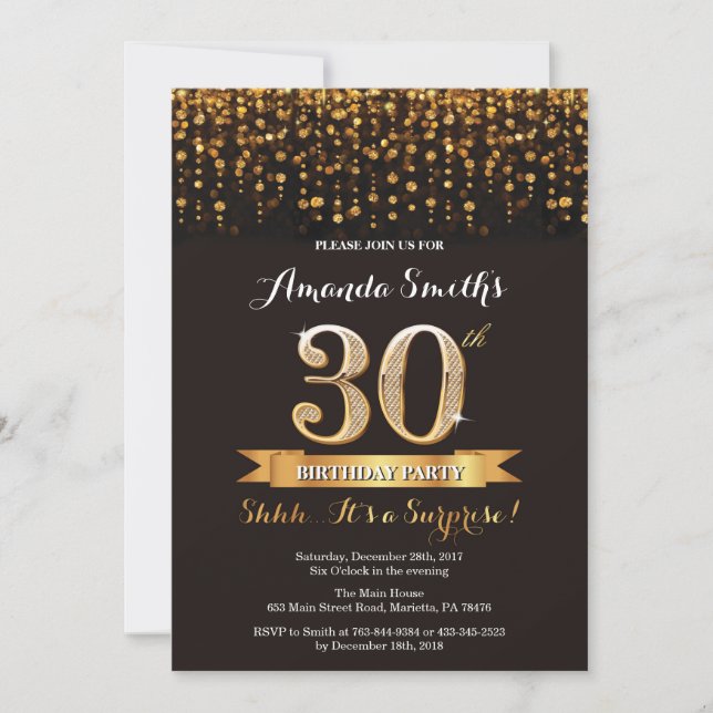 Sorpresa 30 cumpleaños invitación negro y oro (Anverso)