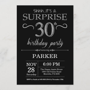 Sorpresa 30 cumpleaños invitación negro y plata