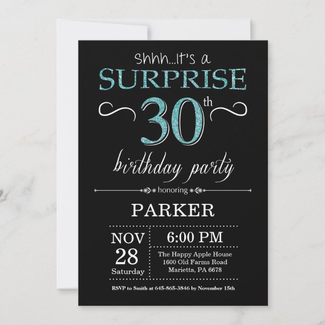 Sorpresa 30 cumpleaños invitación negro y Verde az (Anverso)