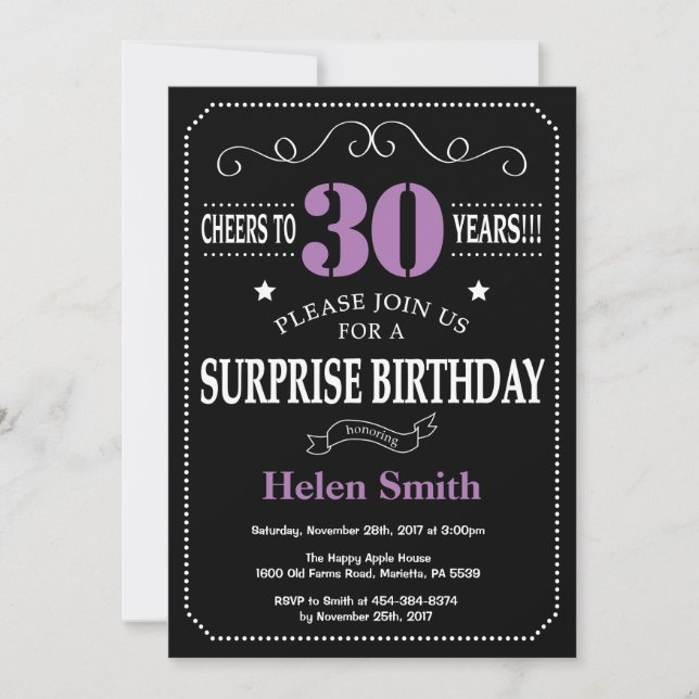 Sorpresa 30 cumpleaños invitación púrpura y negra (Anverso)