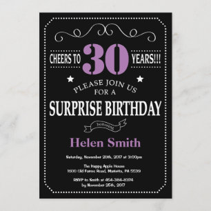 Sorpresa 30 cumpleaños invitación púrpura y negra