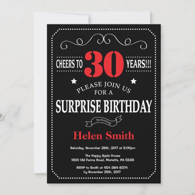 Sorpresa 30 cumpleaños invitación rojo y negro (Anverso)