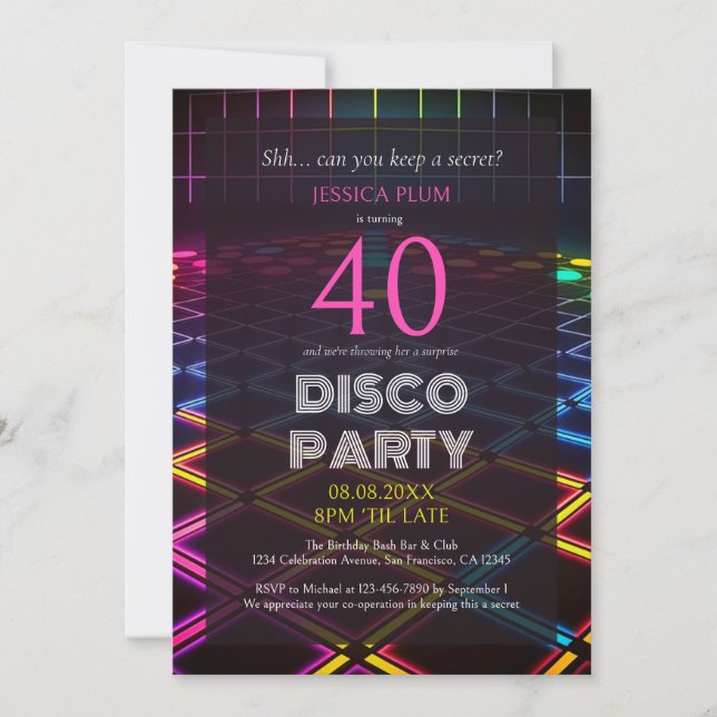 Sorpresa 40.ª invitación a la fiesta Neon Disco (Anverso)