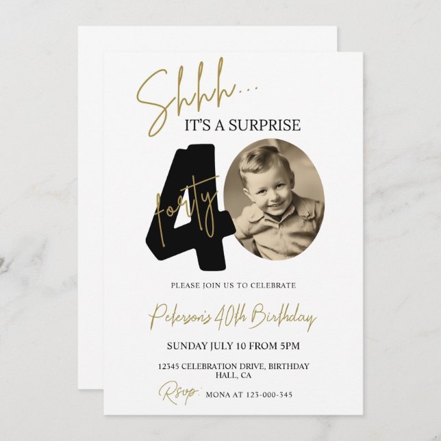 Sorpresa 40.ª Invitación al cumpleaños Foto Día de (Anverso / Reverso)