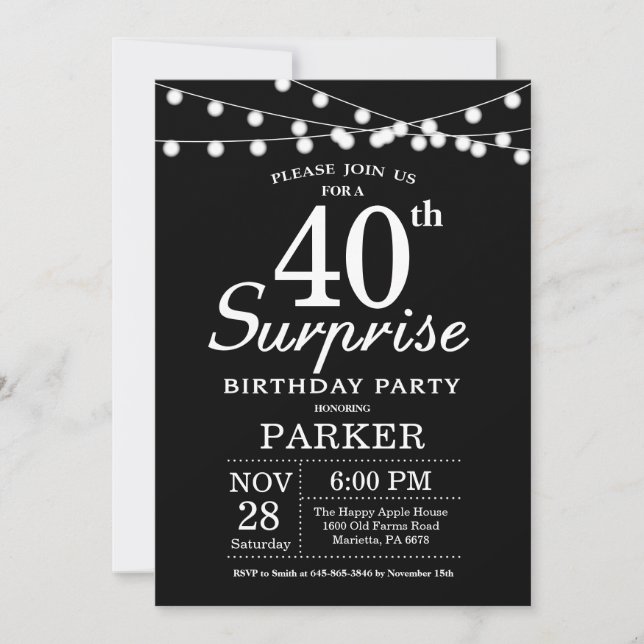 Sorpresa 40.ª invitación de cumpleaños blanco y ne (Anverso)
